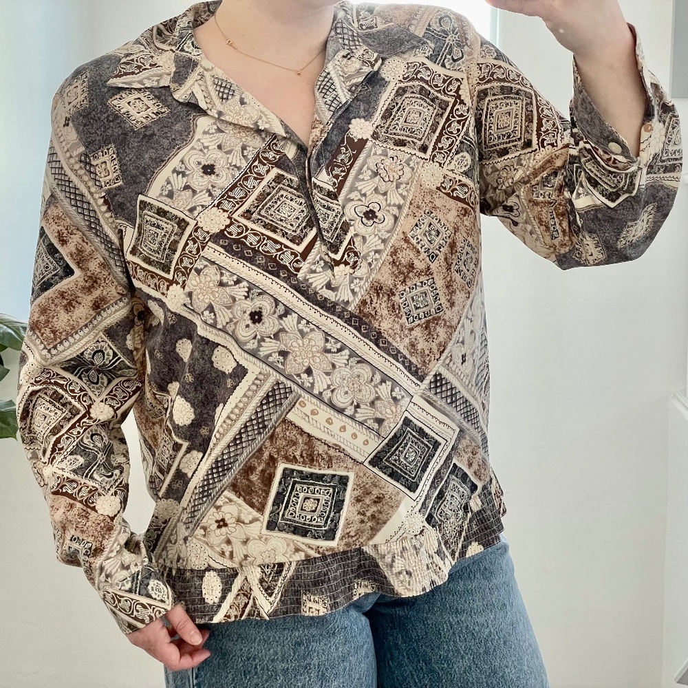 Vintage Abstract Geo Geometric Long Sleeve Hipster Hippie Boho Collared Blouse